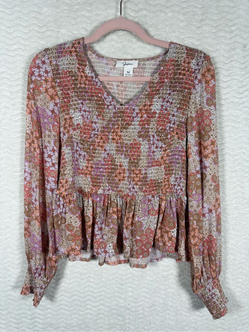 Japna Floral Smocked Peplum Blouse in Pink and Brown. So soft and beautiful 🤩